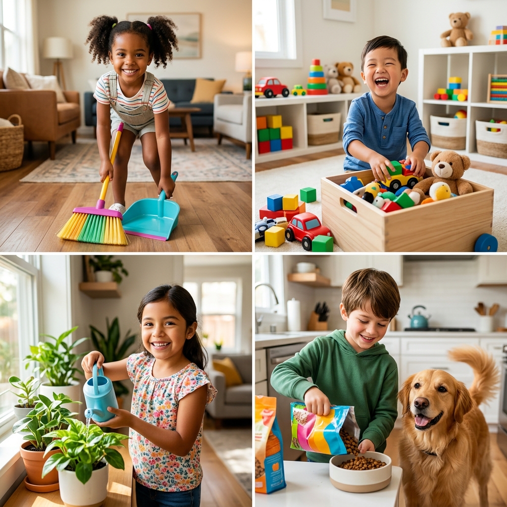 Collage of diverse children having fun doing chores
