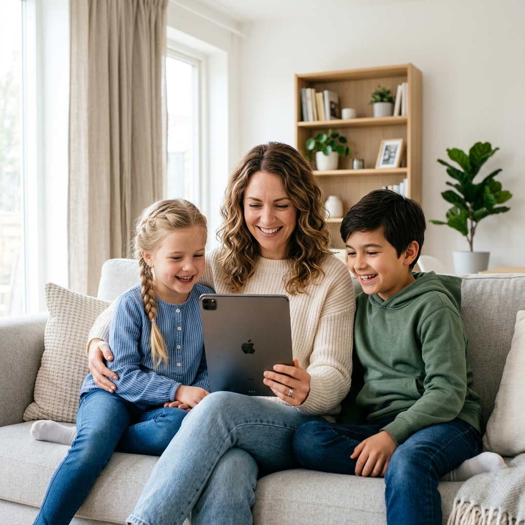 Mom engaging with her son and daughter on a tablet
